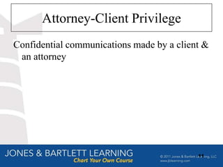 Attorney-Client Privilege
Confidential communications made by a client &
 an attorney




                                           11
 