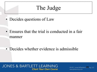 The Judge
• Decides questions of Law

• Ensures that the trial is conducted in a fair
  manner

• Decides whether evidence is admissible



                                                  25
 