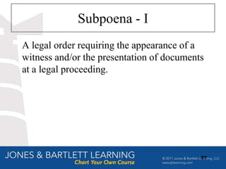 Subpoena - I
A legal order requiring the appearance of a
witness and/or the presentation of documents
at a legal proceeding.




                                           27
 