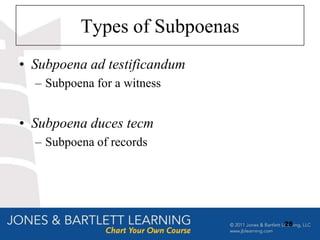 Types of Subpoenas
• Subpoena ad testificandum
  – Subpoena for a witness


• Subpoena duces tecm
  – Subpoena of records




                               28
 