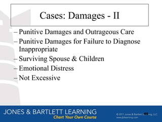 Cases: Damages - II
– Punitive Damages and Outrageous Care
– Punitive Damages for Failure to Diagnose
  Inappropriate
– Surviving Spouse & Children
– Emotional Distress
– Not Excessive



                                             60
 