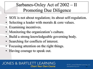 Sarbanes-Oxley Act of 2002 – II
           Promoting Due Diligence
•   SOX is not about regulation; its about self-regulation.
•   Selecting a leader with morals & core values.
•   Examining incentives.
•   Monitoring the organization’s culture.
•   Build a strong knowledgeable governing body.
•   Searching for conflicts of interest.
•   Focusing attention on the right things.
•   Having courage to speak out.



                                                          23
 