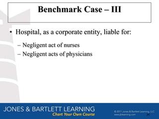 Benchmark Case – III

• Hospital, as a corporate entity, liable for:
   – Negligent act of nurses
   – Negligent acts of physicians




                                                 34
 