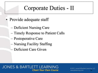 Corporate Duties - II
• Provide adequate staff
  –   Deficient Nursing Care
  –   Timely Response to Patient Calls
  –   Postoperative Care
  –   Nursing Facility Staffing
  –   Deficient Care Given




                                         39
 