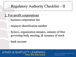 Regulatory Authority Checklist – II

2. For-profit corporations
  – business corporation law

  – taxpayer identification number

  – bylaws, organization minutes, minutes of first
    governing body meeting, & issuance of stock

  – bank account



                                                     50
 