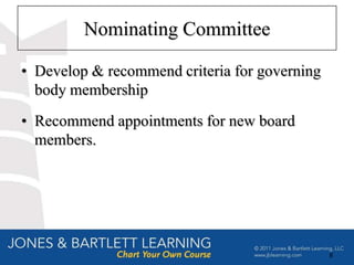 Nominating Committee

• Develop & recommend criteria for governing
  body membership
• Recommend appointments for new board
  members.




                                               8
 
