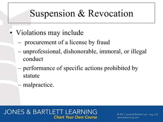 Suspension & Revocation
• Violations may include
  – procurement of a license by fraud
  – unprofessional, dishonorable, immoral, or illegal
    conduct
  – performance of specific actions prohibited by
    statute
  – malpractice.



                                                        13
 