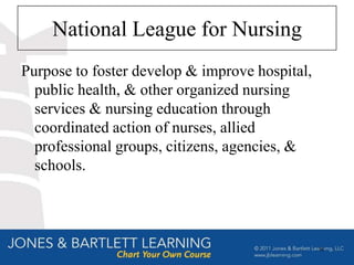 National League for Nursing
Purpose to foster develop & improve hospital,
  public health, & other organized nursing
  services & nursing education through
  coordinated action of nurses, allied
  professional groups, citizens, agencies, &
  schools.




                                                16
 
