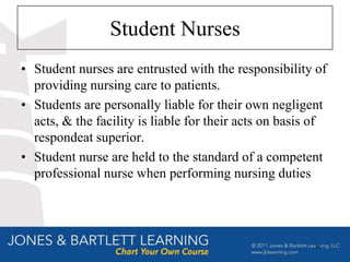 Student Nurses
• Student nurses are entrusted with the responsibility of
  providing nursing care to patients.
• Students are personally liable for their own negligent
  acts, & the facility is liable for their acts on basis of
  respondeat superior.
• Student nurse are held to the standard of a competent
  professional nurse when performing nursing duties




                                                        30
 