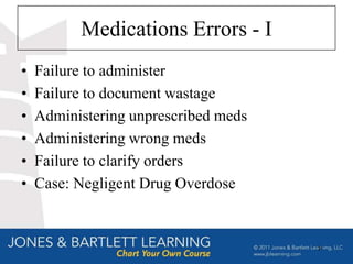 Medications Errors - I
•   Failure to administer
•   Failure to document wastage
•   Administering unprescribed meds
•   Administering wrong meds
•   Failure to clarify orders
•   Case: Negligent Drug Overdose


                                      31
 
