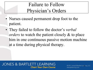 Failure to Follow
            Physician’s Orders
• Nurses caused permanent drop foot to the
  patient.
• They failed to follow the doctor’s verbal
  orders to watch the patient closely & to place
  him in one continuous passive motion machine
  at a time during physical therapy.



                                              34
 