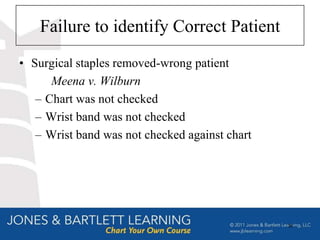 Failure to identify Correct Patient
• Surgical staples removed-wrong patient
      Meena v. Wilburn
   – Chart was not checked
   – Wrist band was not checked
   – Wrist band was not checked against chart




                                                36
 