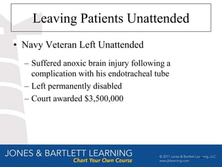 Leaving Patients Unattended
• Navy Veteran Left Unattended
  – Suffered anoxic brain injury following a
    complication with his endotracheal tube
  – Left permanently disabled
  – Court awarded $3,500,000




                                               42
 