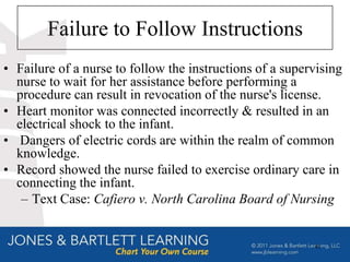 Failure to Follow Instructions
• Failure of a nurse to follow the instructions of a supervising
  nurse to wait for her assistance before performing a
  procedure can result in revocation of the nurse's license.
• Heart monitor was connected incorrectly & resulted in an
  electrical shock to the infant.
• Dangers of electric cords are within the realm of common
  knowledge.
• Record showed the nurse failed to exercise ordinary care in
  connecting the infant.
   – Text Case: Cafiero v. North Carolina Board of Nursing


                                                          43
 