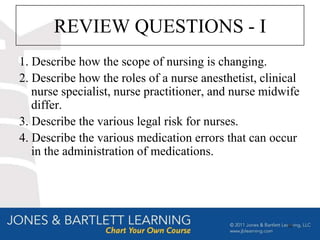 REVIEW QUESTIONS - I
1. Describe how the scope of nursing is changing.
2. Describe how the roles of a nurse anesthetist, clinical
   nurse specialist, nurse practitioner, and nurse midwife
   differ.
3. Describe the various legal risk for nurses.
4. Describe the various medication errors that can occur
   in the administration of medications.




                                                       65
 