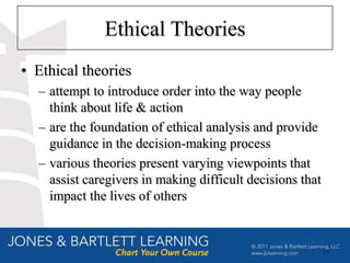 Ethical Theories
• Ethical theories
  – attempt to introduce order into the way people
    think about life & action
  – are the foundation of ethical analysis and provide
    guidance in the decision-making process
  – various theories present varying viewpoints that
    assist caregivers in making difficult decisions that
    impact the lives of others


                                                           19
 