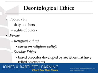 Deontological Ethics
• Focuses on
   – duty to others
   – rights of others
• Forms
   – Religious Ethics
       • based on religious beliefs
   – Secular Ethics
       • based on codes developed by societies that have
         relied on customs
                                                       24
 