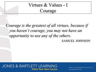 Virtues & Values - I
                   Courage


Courage is the greatest of all virtues, because if
 you haven’t courage, you may not have an
 opportunity to use any of the others.
                                  SAMUEL JOHNSON
 