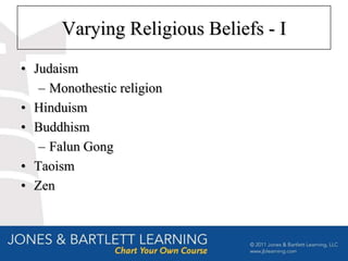 Varying Religious Beliefs - I
• Judaism
   – Monothestic religion
• Hinduism
• Buddhism
   – Falun Gong
• Taoism
• Zen
 
