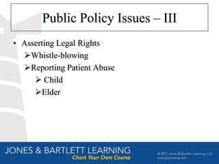 Public Policy Issues – III
• Asserting Legal Rights
  Whistle-blowing
  Reporting Patient Abuse
      Child
     Elder




                                    11
 