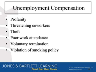 Unemployment Compensation
•   Profanity
•   Threatening coworkers
•   Theft
•   Poor work attendance
•   Voluntary termination
•   Violation of smoking policy



                                  25
 