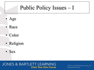 Public Policy Issues – I
• Age
• Race
• Color
• Religion
• Sex


                                     9
 