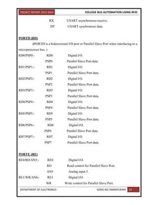 PROJECT REPORT 2013-2014 COLLEGE BUS AUTOMATION USING RFID
DEPARTMENT OF ELECTRONICS GEMS ASC RAMAPURAM 19
RX USART asynchronous receive.
DT USART synchronous data.
PORTD (RD)
(PORTD is a bidirectional I/O port or Parallel Slave Port when interfacing to a
microprocessor bus. )
RD0/PSP0:- RD0 Digital I/O.
PSP0 Parallel Slave Port data.
RD1/PSP1:- RD1 Digital I/O.
PSP1 Parallel Slave Port data.
RD2/PSP2:- RD2 Digital I/O.
PSP2 Parallel Slave Port data.
RD3/PSP3:- RD3 Digital I/O.
PSP3 Parallel Slave Port data.
RD4/PSP4:- RD4 Digital I/O.
PSP4 Parallel Slave Port data.
RD5/PSP5:- RD5 Digital I/O.
PSP5 Parallel Slave Port data.
RD6/PSP6:- RD6 Digital I/O.
PSP6 Parallel Slave Port data.
RD7/PSP7:- RD7 Digital I/O.
PSP7 Parallel Slave Port data.
PORTE (RE)
RE0/RD/AN5:- RE0 Digital I/O.
RD Read control for Parallel Slave Port.
AN5 Anolag input 5.
RE1/WR/AN6:- RE1 Digital I/O.
WR Write control for Parallel Slave Port.
 