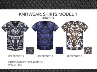 REFERENCE 1 REFERENCE 2 REFERENCE 3
COMPOSITION 100% COTTON
PRICE: 169€
KNITWEAR: SHIRTS MODEL 1
RONIN TEE
 