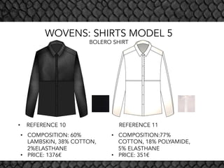 WOVENS: SHIRTS MODEL 5
BOLERO SHIRT
•  REFERENCE 10 REFERENCE 11
•  COMPOSITION: 60%
LAMBSKIN, 38% COTTON,
2%ELASTHANE
•  PRICE: 1376€
•  COMPOSITION:77%
COTTON, 18% POLYAMIDE,
5% ELASTHANE
•  PRICE: 351€
 