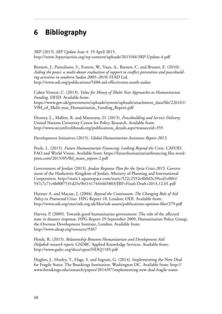 48
6 Bibliography
3RP (2015) 3RP Update Issue 4. 19 April 2015.
http://www.3rpsyriacrisis.org/wp-content/uploads/2015/04/3RP-Update-4.pdf
Bennett, J., Pantuliano, S., Fenton, W., Vaux, A., Barnett, C. and Brusset, E. (2010).
Aiding the peace: a multi-donor evaluation of support to conflict prevention and peacebuild-
ing activities in southern Sudan 2005–2010. ITAD Ltd.
http://www.odi.org/publications/5488-aid-effectivenes-south-sudan
Cabot-Venton, C. (2013). Value for Money of Multi-Year Approaches to Humanitarian
Funding. DFID. Available from:
https://www.gov.uk/government/uploads/system/uploads/attachment_data/file/226161/
VfM_of_Multi-year_Humanitarian_Funding_Report.pdf
Denney, L., Mallett, R. and Mazurana, D. (2015). Peacebuilding and Service Delivery.
United Nations University Centre for Policy Research. Available from:
http://www.securelivelihoods.org/publications_details.aspx?resourceid=355
Development Initiatives (2015). Global Humanitarian Assistance Report 2015.
Poole, L. (2015). Future Humanitarian Financing: Looking Beyond the Crisis. CAFOD,
FAO and World Vision. Available from: https://futurehumanitarianfinancing.files.word-
press.com/2015/05/fhf_main_report-2.pdf
Government of Jordan (2015). Jordan Response Plan for the Syria Crisis 2015. Govern-
ment of the Hashemite Kingdom of Jordan, Ministry of Planning and International
Cooperation. http://static1.squarespace.com/static/522c2552e4b0d3c39ccd1e00/t/
547c7c71e4b00f7531d25e9b/1417444465803/JRP+Final+Draft+2014.12.01.pdf
Harmer A. and Macrae, J. (2004). Beyond the Continuum: The Changing Role of Aid
Policy in Protracted Crises. HPG Report 18. London: ODI. Available from:
http://www.odi.org/sites/odi.org.uk/files/odi-assets/publications-opinion-files/279.pdf
Harvey, P. (2009). Towards good humanitarian government: The role of the affected
state in disaster response, HPG Report 29 September 2009, Humanitarian Policy Group,
the Overseas Development Institute, London. Available from:
http://www.alnap.org/resource/9367
Hinds, R. (2015). Relationship Between Humanitarian and Development Aid:
Helpdesk research report. GSDRC Applied Knowledge Services. Available from:
http://www.gsdrc.org/docs/open/HDQ1185.pdf
Hughes, J., Hooley, T., Hage, S. and Ingram, G. (2014). Implementing the New Deal
for Fragile States. The Brookings Institution: Washington DC. Available from: http://
www.brookings.edu/research/papers/2014/07/implementing-new-deal-fragile-states
 