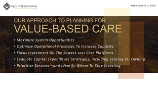 WWW.QNSINTL.COM
OUR APPROACH TO PLANNING FOR
VALUE-BASED CARE
• Maximize System Opportunities
• Optimize Operational Processes To Increase Capacity
• Focus Investment On The Lowest-cost Care Platforms
• Evaluate Capital Expenditure Strategies, Including Leasing Vs. Owning
• Prioritize Services—and Identify Where To Stop Investing
 