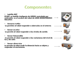 •Ladrillo NXT 
El NXT, un ladrillo inteligente de LEGO® controlado por ordenador, es el cerebro del robot de LEGO MINDSTORMS® Education 
•Sensores táctiles 
Le permiten al robot responder a obstáculos en el entorno. 
•Sensor acústico 
Le permite al robot responder a los niveles de sonido. 
•Sensor fotosensible 
Le permite al robot responder a las variaciones del nivel de luz y de color. 
•Sensor ultrasónico 
Le permite al robot medir la distancia hacia un objeto y responder al movimiento.  