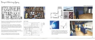 RCP PLAN
LOBBY & RECEPTION
Bowsprit Advertising Agency
Bowsprit is an advertising agency whose main ofﬁce is located
in New York City. They are looking to open a sister location in
the San Francisco Bay area.
The project requirements were to implement a sustainable
design initiative, an open ofﬁce plan to support creativity and
interaction, and to allow those passing by outside to have the
ability to peek into the ofﬁce so that they may get a glance of
the creative process.
The concept of direction is seen in elements such as curved
walls, the placement of light ﬁxtures in reception and in hanging
wood panels that have a wave like ﬂow to them.
There is an underlying sense of movement that is seen
throughout the design which ties into the concept well.
88
The lobby is separate from the reception area in
this ofﬁce, but aspects of the ofﬁce design ﬂow
into it. A custom light ﬁxture was created for this
area and was inspired by the lines connecting a
boat to its bowsprit.
 