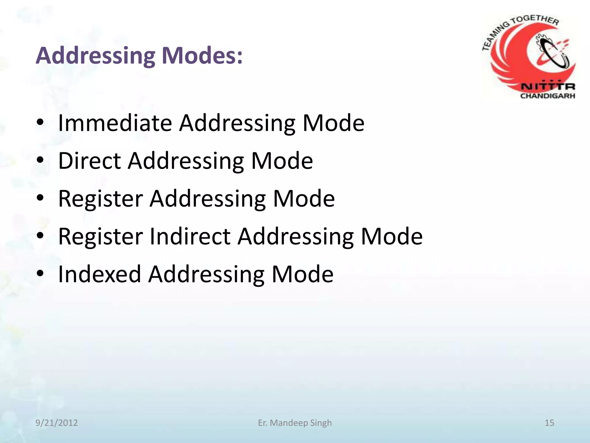 Addressing Modes:

•   Immediate Addressing Mode
•   Direct Addressing Mode
•   Register Addressing Mode
•   Register Indirect Addressing Mode
•   Indexed Addressing Mode




9/21/2012             Er. Mandeep Singh   15
 