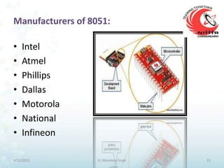 Manufacturers of 8051:

•   Intel
•   Atmel
•   Phillips
•   Dallas
•   Motorola
•   National
•   Infineon

9/21/2012          Er. Mandeep Singh   13
 