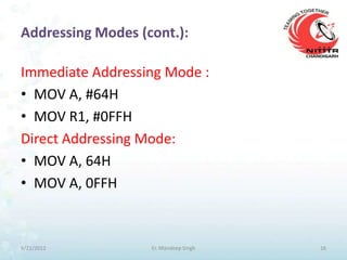 Addressing Modes (cont.):

Immediate Addressing Mode :
• MOV A, #64H
• MOV R1, #0FFH
Direct Addressing Mode:
• MOV A, 64H
• MOV A, 0FFH



9/21/2012          Er. Mandeep Singh   16
 