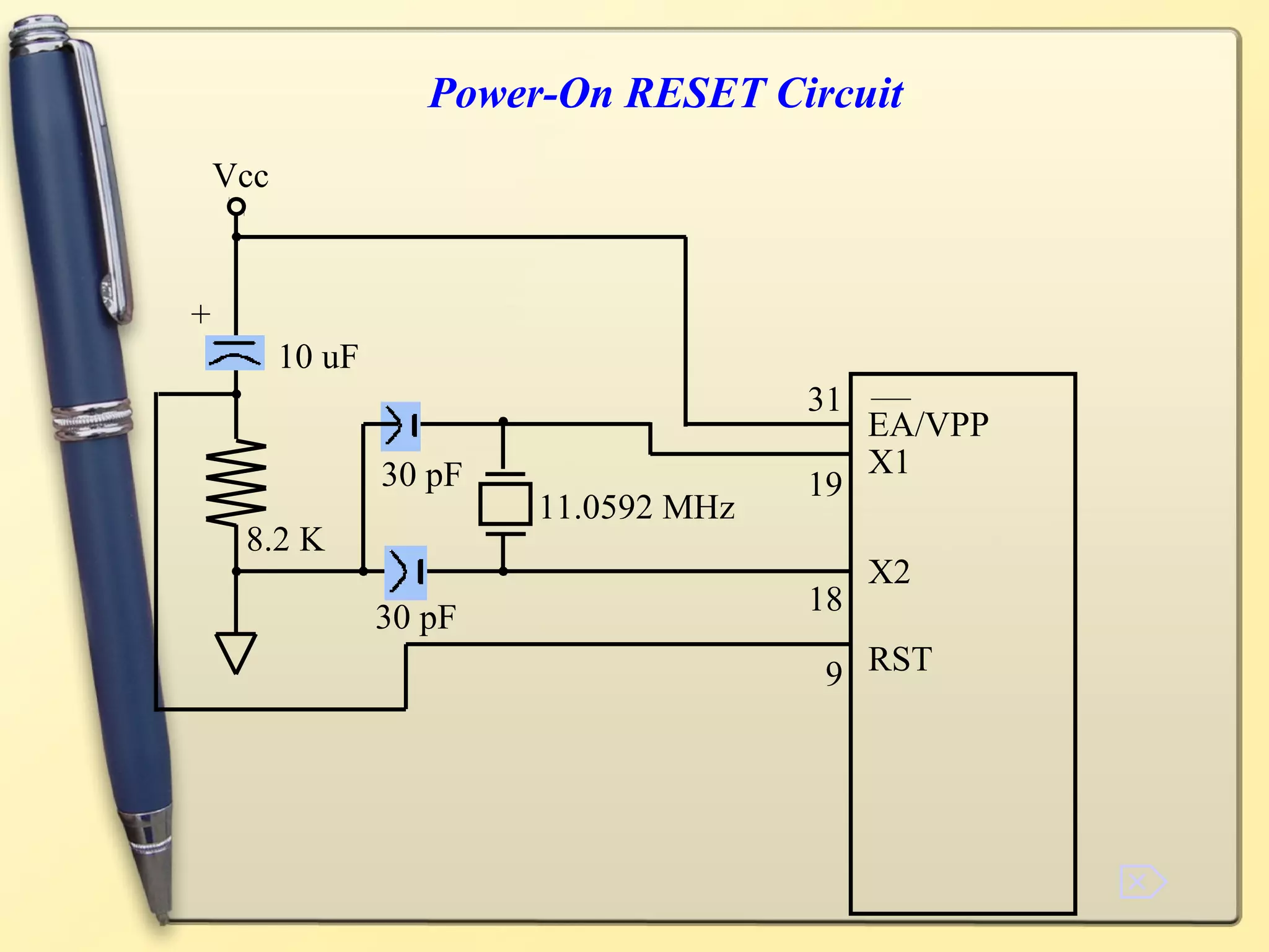 Power-On RESET Circuit
    Vcc


+
          10 uF
                                        31
                                             EA/VPP
                  30 pF                      X1
                                        19
                          11.0592 MHz
     8.2 K
                                             X2
                                        18
                  30 pF
                                         9 RST




                                                      
 