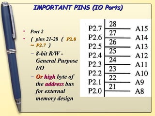 IMPORTANT PINS (IO Ports)


• Port 2
• （ pins 21-28 （ P2.0
  ～ P2.7 ）
   – 8-bit R/W -
     General Purpose
     I/O
   – Or high byte of
     the address bus
     for external
     memory design
 