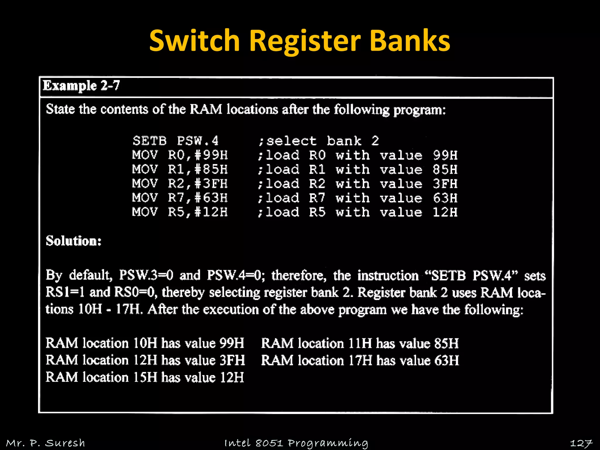 Switch Register Banks
Mr. P. Suresh Intel 8051 Programming 127
 