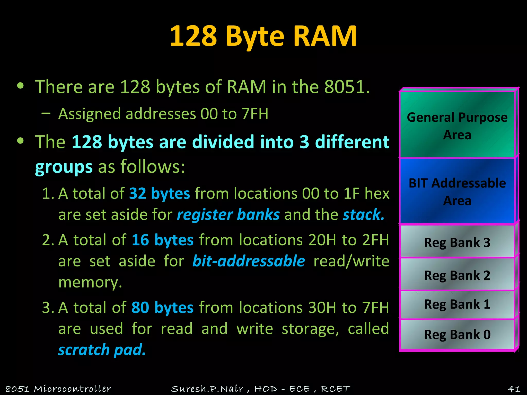 128 Byte RAM
• There are 128 bytes of RAM in the 8051.
– Assigned addresses 00 to 7FH
• The 128 bytes are divided into 3 different
groups as follows:
1. A total of 32 bytes from locations 00 to 1F hex
are set aside for register banks and the stack.
2. A total of 16 bytes from locations 20H to 2FH
are set aside for bit-addressable read/write
memory.
3. A total of 80 bytes from locations 30H to 7FH
are used for read and write storage, called
scratch pad.
8051 Microcontroller Suresh.P.Nair , HOD - ECE , RCET 41
128 BYTE
INTERNAL RAM
Register Banks
Reg Bank 0
Reg Bank 1
Reg Bank 2
Reg Bank 3
BIT Addressable
Area
General Purpose
Area
 