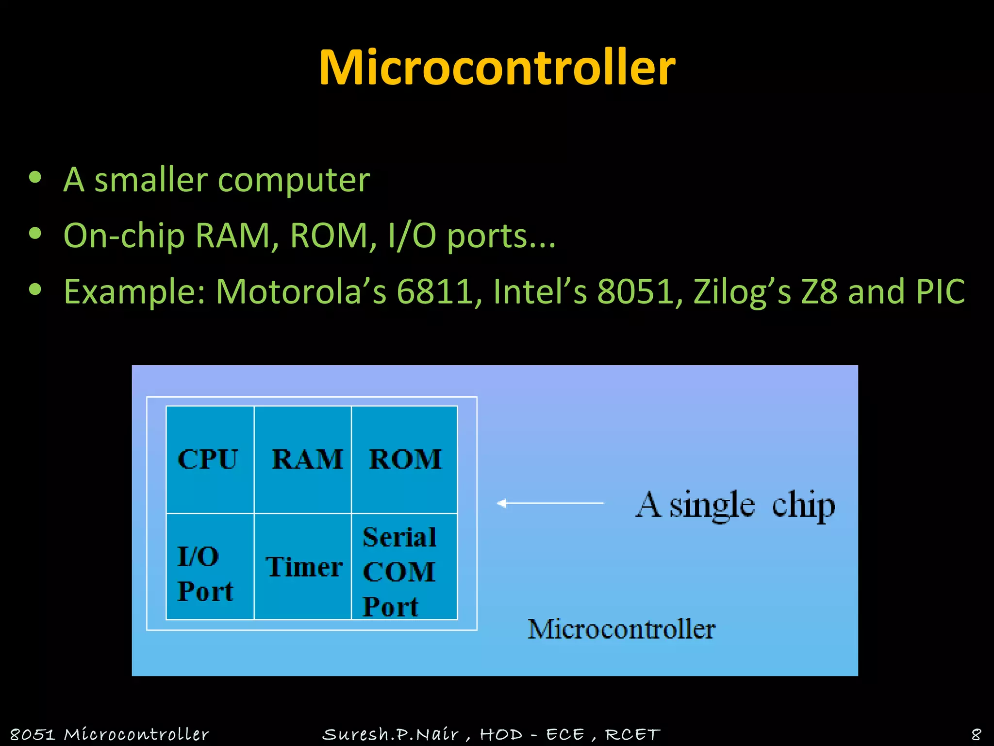 Microcontroller
• A smaller computer
• On-chip RAM, ROM, I/O ports...
• Example: Motorola’s 6811, Intel’s 8051, Zilog’s Z8 and PIC
8051 Microcontroller Suresh.P.Nair , HOD - ECE , RCET 8
 