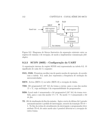 112 CAP´ITULO 9. CANAL S´ERIE DO 80C51
shift-register
(só escrita)
shift-register
SBUF
(só leitura)
TxD RxD
baud rate
baud rate
SBUF
bus interno
Figura 9.2: Diagrama de blocos ilustrativo da separa¸c˜ao existente entre os
registos de emiss˜ao e de recep¸c˜ao, de modo a implementar comunica¸c˜ao full-
duplex.
9.2.3 SCON (98H) - Conﬁgura¸c˜ao da UART
A organiza¸c˜ao interna do registo SCON est´a representada na tabela 9.2. O
signiﬁcado de cada bit ´e o seguinte:
SM1, SM0: Permitem escolher um de quatro modos de opera¸c˜ao, de acordo
com a tabela 9.3, onde fosc representa a frequˆencia de oscila¸c˜ao do
microcontrolador.
REN: Activa (REN=1) ou inibe (REN=0) a recep¸c˜ao de dados.
TB8: Bit program´avel (10◦
bit) da trama a enviar, para o caso dos modos
‘2’ e ‘3’, cuja atribui¸c˜ao ´e da responsabilidade do programador.
RB8: Local onde ´e armazenado o bit program´avel (10◦
bit) da trama rece-
bida, para o caso dos modos ‘2’ e ‘3’. No modo ‘1’ ´e armazenado o bit
de ﬁm.
TI: Bit de sinaliza¸c˜ao do ﬁm da emiss˜ao. Ap´os o envio do ´ultimo bit ´e gerado
automaticamente o pedido de interrup¸c˜ao, atrav´es da transi¸c˜ao TI=0→
1. No ﬁm da rotina de atendimento da interrup¸c˜ao o programador deve
atribuir TI=0, de outro modo n˜ao ´e poss´ıvel detectar-se a recep¸c˜ao de
outra trama.
 