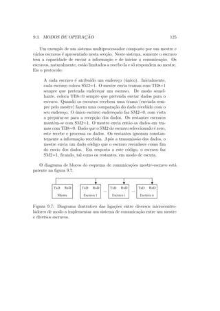 9.3. MODOS DE OPERAC¸ ˜AO 125
Um exemplo de um sistema multiprocessador composto por um mestre e
v´arios escravos ´e apresentado nesta sec¸c˜ao. Neste sistema, somente o escravo
tem a capacidade de enviar a informa¸c˜ao e de iniciar a comunica¸c˜ao. Os
escravos, naturalmente, est˜ao limitados a recebe-la e s´o respondem ao mestre.
Eis o protocolo:
A cada escravo ´e atribu´ıdo um endere¸co (´unico). Inicialmente,
cada escravo coloca SM2=1. O mestre envia tramas com TB8=1
sempre que pretenda endere¸car um escravo. De modo semel-
hante, coloca TB8=0 sempre que pretenda enviar dados para o
escravo. Quando os escravos recebem uma trama (enviada sem-
pre pelo mestre) fazem uma compara¸c˜ao do dado recebido com o
seu endere¸co. O ´unico escravo endere¸cado faz SM2=0, com vista
a preparar-se para a recep¸c˜ao dos dados. Os restantes escravos
mantˆem-se com SM2=1. O mestre envia ent˜ao os dados em tra-
mas com TB8=0. Dado que o SM2 do escravo seleccionado ´e zero,
este recebe e processa os dados. Os restantes ignoram constan-
temente a informa¸c˜ao recebida. Ap´os a transmiss˜ao dos dados, o
mestre envia um dado c´odigo que o escravo reconhece como ﬁm
do envio dos dados. Em resposta a este c´odigo, o escravo faz
SM2=1, ﬁcando, tal como os restantes, em modo de escuta.
O diagrama de blocos do esquema de comunica¸c˜oes mestre-escravo est´a
patente na ﬁgura 9.7.
Mestre
TxD RxD
Escravo 1
TxD RxD
Escravo i
TxD RxD
Escravo n
TxD RxD
... ...
Figura 9.7: Diagrama ilustrativo das liga¸c˜oes entre diversos microcontro-
ladores de modo a implementar um sistema de comunica¸c˜ao entre um mestre
e diversos escravos.
 