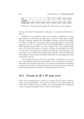 132 CAP´ITULO 10. INTERRUPC¸ ˜OES
Bit - - - PS PT1 PX1 PT0 PX0
Ordem 7 6 5 4 3 2 1 0
Endere¸co BFH BEH BDH BCH BBH BAH B9H B8H
Tabela 10.2: Organiza¸c˜ao do registo IP relativamente `as interrup¸c˜oes.
ladores, onde estes bits possam ter aplica¸c˜ao, ´e conveniente atribuir-lhes o
valor ‘0’.
Considere-se uma aplica¸c˜ao onde est´a previsto o atendimento de duas
interrup¸c˜oes: as associadas ao canal s´erie e ao C/¯T1. Neste caso o registo
IE teria o seguinte conte´udo IE=10011000B. O c´odigo seria MOV IE,#98H.
Considere-se ainda que se pretende atribuir maior prioridade `a interrup¸c˜ao
associada ao C/¯T1. O conte´udo de IP seria IP=00001000B. O c´odigo seria
MOV IP,#08H. Basicamente, este facto signiﬁca que a interrup¸c˜ao pedida
pelo C/¯T1 pode interromper a execu¸c˜ao da rotina da interrup¸c˜ao associada
ao canal s´erie. O oposto n˜ao se veriﬁca, naturalmente. Em conclus˜ao, uma
interrup¸c˜ao com um dado n´ıvel de prioridade n˜ao pode ser interrompida nem
interromper outra da mesma prioridade, mas pode ser interrompida por uma
de prioriade superior.
Uma situa¸c˜ao rara mas poss´ıvel de acontecer, corresponde ao caso em
que os dois pedidos s˜ao feitos em simultˆaneo. Nesta situa¸c˜ao ser´a atendida a
interrup¸c˜ao de prioridade mais alta. Caso ambas as interrup¸c˜oes apresentem
o mesmo n´ıvel prorit´ario, ent˜ao a decis˜ao de qual atender primeiro ´e baseada
numa ordena¸c˜ao pr´e-estabelecida (a apresentar posteriormente).
10.3 Estado de IE e IP ap´os reset
Nesta sec¸c˜ao relembram-se os estados dos registos IE e IP ap´os a reinicial-
iza¸c˜ao do microcontrolador. Os valores de interesse est˜ao apresentados na
tabela 10.3. Veriﬁca-se que, por defeito, n˜ao h´a atendimento de interrup¸c˜oes
e que ´e atribu´ıda prioridade baixa a todas as interrup¸c˜oes.
 