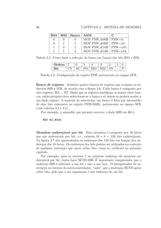 36 CAP´ITULO 3. SISTEMA DE MEM ´ORIA
RS1 RS2 Banco ASM C
0 0 0 MOV PSW,#00H PSW=0;
0 1 1 MOV PSW,#08H PSW=x8;
1 0 2 MOV PSW,#10H PSW=x10;
1 1 3 MOV PSW,#18H PSW=x18;
Tabela 3.1: Como fazer a selec¸c˜ao do banco em fun¸c˜ao dos bits RS1 e RS2.
Ordem 7 6 5 4 3 2 1 0
Bit CY AC FO RS1 RS2 OV - P
Tabela 3.2: Conﬁgura¸c˜ao do registo PSW pertencente ao espa¸co SFR.
Banco de registos Existem quatro bancos de registos que ocupam os en-
dere¸cos 00H a 1FH, de acordo com a ﬁgura 3.6. Cada banco ´e composto por
oito registos: R0,..., R7. Dado que os registos partilham os nomes entre ban-
cos, ent˜ao primeiro deve seleccionar-se o banco e s´o depois se poder´a aceder a
um dado registo. A maneira de seleccionar um banco ´e feita por interm´edio
de dois bits existentes no registo PSW(D0H), pertencente ao espa¸co SFR
(vide tabelas 3.2 e 3.1).
Por exemplo, o assembly que permite escrever o dado 00H em R0 ´e,
MOV R0,#00H
Mem´oria endere¸c´avel por bit Esta mem´oria ´e composta por 16 bytes
que s˜ao endere¸cveis por bit, i.e., existem 16 × 8 = 128 bits endere¸c´aveis.
Na ﬁgura 3.7 s˜ao apresentados os endere¸cos dos 128 bits em fun¸c˜ao dos en-
dere¸cos dos 16 bytes. Os endere¸cos dos bits podem ser utilizados no contexto
de qualquer instru¸c˜ao que opere sobre bits, como se veriﬁcar´a no pr´oximo
cap´ıtulo.
Por exemplo, para se escrever 1 no primeiro endere¸co da mem´oria en-
dere¸c´avel por bit, basta fazer SETB 00H. ´E importante compreender que o
endere¸co 00H ´e referente a um bit e n˜ao a um byte. O interpretador de in-
stru¸c˜oes no interior do microcontrolador, “sabe” que a instru¸c˜ao SETB opera
sobre bits, pelo que o seu argumento ´e um endere¸co de um bit.
 