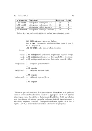 4.3. ASSEMBLY 49
Mnem´onica Opera¸c˜ao Per´ıodos Bytes
AJMP end11 salto para o endere¸co de 11b 24 2
LJMP end16 salto para o endere¸co de 16b 24 3
SJMP rel salto para o endere¸co relativo 24 2
JMP @A+DPTR salto para o endere¸co A+DPTR 24 1
Tabela 4.1: Instru¸c˜oes que permitem realizar saltos incondicionais.
MOV DPTR,#caso1 ; endere¸co da base
MOV A,#x ; x representa o ´ındice do bloco e vale 0, 1 ou 2
RL A ; duplicar A
JMP @A+DPTR ; salto para a tabela de saltos
depois:
... ...
caso1: AJMP codigocaso1 ; endere¸co do primeiro bloco de c´odigo
caso2: AJMP codigocaso2 ; endere¸co do segundo bloco de c´odigo
caso3: AJMP codigocaso3 ; endere¸co do terceiro bloco de c´odigo
... ...
codigocaso1: ... ; c´odigo do primeiro bloco
...
AJMP depois
codigocaso2: ... ; c´odigo do segundo bloco
...
AJMP depois
codigocaso3: ... ; c´odigo do terceiro bloco
...
AJMP depois
Observe-se que cada instru¸c˜ao de salto ocupa dois bytes (AJMP XXH), pelo que
torna-se necess´ario transformar o valor de A (que pode ser 0, 1 ou 2) num
n´umero par; raz˜ao da existˆencia da instru¸c˜ao RL (Rotate Left), que efectua
uma rota¸c˜ao dos bits para a esquerda. A instru¸c˜ao AJMP depois garante o
retorno ao programa principal. Veriﬁque-se ainda que, apesar de se usar o
registo DPTR, a mem´oria mencionada ´e a mem´oria de programa.
 