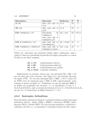4.3. ASSEMBLY 51
Mnem´onica Opera¸c˜ao Endere¸co P B
JZ rel salto para rel se
A=0
s´o A 24 2
JNZ rel salto para rel se
A=0
s´o A 24 2
DJNZ verb¡byte¿”,rel” decremento de
verb¡byte¿ e
salto para rel se
verb¡byte¿=0
dir. e reg. 24 2 ou 3
CJNE A,verb¡byte¿”,rel” salto para rel se
A=verb¡byte¿
dir. e imed. 24 3
CJNE verb¡byte¿”,#dado,rel” salto para rel se
verb¡byte¿=dado
ind. e reg. 24 3
Tabela 4.2: Instru¸c˜oes que permitem realizar saltos condicionais, onde a
coluna P refere-se `a quantidade de per´ıodos de rel´ogio consumidos e a coluna
B refere-se aos bytes ocupados.
ANL A,7FH (endere¸camento directo)
ANL A,@R1 (endere¸camento indirecto)
ANL A,R6 (endere¸camento por registo)
ANL A,#53H (constante imediata)
Relativamente `as rota¸c˜oes, note-se que, nas instru¸c˜oes RL e RR, o bit
que sai entra pelo outro extremo (vide ﬁgura 4.1), n˜ao havendo altera¸c˜ao
do registo PSW. No caso das instru¸c˜oes RLC e RRC, o bit C (oitavo bit
de PSW) serve de entreposto para o MSb ou LSb, respectivamente, como
tamb´em se mostra na ﬁgura 4.1. Finalmente, no caso da instru¸c˜ao SWAP A,
os nibbles do acumulador s˜ao trocados, i.e., se inicialmente se tem A =
X1X2X3X4Y1Y2Y3Y4, ap´os a execu¸c˜ao da instru¸c˜ao ter-se-´a A = Y1Y2Y3Y4X1X2X3X4,
em que Xi e Yi representam os d´ıgitos bin´arios (‘1’ e ‘0’).
4.3.4 Instru¸c˜oes Aritm´eticas
Estas instru¸c˜oes, patentes na tabela 4.4, permitem realizar as quatro opera¸c˜oes
aritm´eticas b´asicas: adi¸c˜ao (ADD e ADDC), subtrac¸c˜ao (SUBB), multi-
plica¸c˜ao (MUL) e divis˜ao (DIV). No caso das duas primeiras, a aritm´etica ´e
realizada a oito bits, i.e., os operandos e o resultado ocupam oito bits, respec-
 
