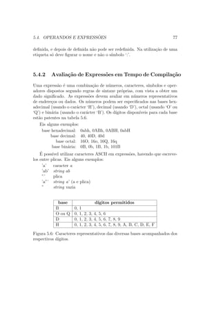 5.4. OPERANDOS E EXPRESS ˜OES 77
deﬁnida, e depois de deﬁnida n˜ao pode ser redeﬁnida. Na utiliza¸c˜ao de uma
etiqueta s´o deve ﬁgurar o nome e n˜ao o s´ımbolo ‘:’.
5.4.2 Avalia¸c˜ao de Express˜oes em Tempo de Compila¸c˜ao
Uma express˜ao ´e uma combina¸c˜ao de n´umeros, caracteres, s´ımbolos e oper-
adores dispostos segundo regras de sintaxe pr´oprias, com vista a obter um
dado signiﬁcado. As express˜oes devem avaliar em n´umeros representativos
de endere¸cos ou dados. Os n´umeros podem ser especiﬁcados nas bases hex-
adecimal (usando o car´acter ‘H’), decimal (usando ‘D’), octal (usando ‘O’ ou
‘Q’) e bin´aria (usando o car´acter ‘B’). Os d´ıgitos dispon´ıveis para cada base
est˜ao patentes na tabela 5.6.
Eis alguns exemplos:
base hexadecimal: 0abh, 0ABh, 0ABH, 0abH
base decimal: 40, 40D, 40d
base octal: 16O, 16o, 16Q, 16q
base bin´aria: 0B, 0b, 1B, 1b, 101B
´E poss´ıvel utilizar caracteres ASCII em express˜oes, havendo que escreve-
los entre plicas. Eis alguns exemplos:
’a’ caracter a
’ab’ string ab
”’ plica
’a”’ string a’ (a e plica)
” string vazia
base d´ıgitos permitidos
B 0, 1
O ou Q 0, 1, 2, 3, 4, 5, 6
D 0, 1, 2, 3, 4, 5, 6, 7, 8, 9
H 0, 1, 2, 3, 4, 5, 6, 7, 8, 9, A, B, C, D, E, F
Figura 5.6: Caracteres representativos das diversas bases acompanhados dos
respectivos d´ıgitos.
 