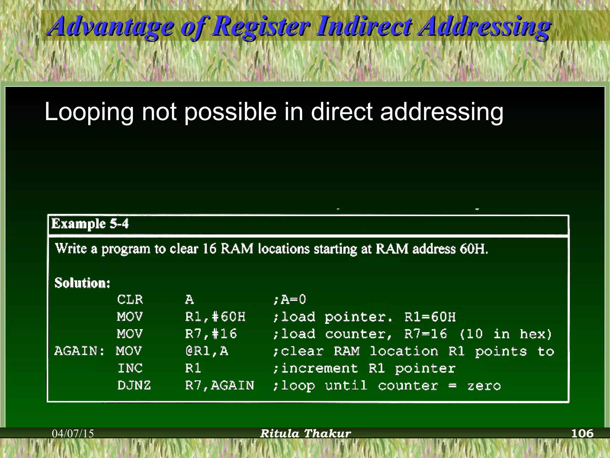 Advantage of Register Indirect AddressingAdvantage of Register Indirect Addressing
Looping not possible in direct addressing
04/07/15 Ritula Thakur 106
 