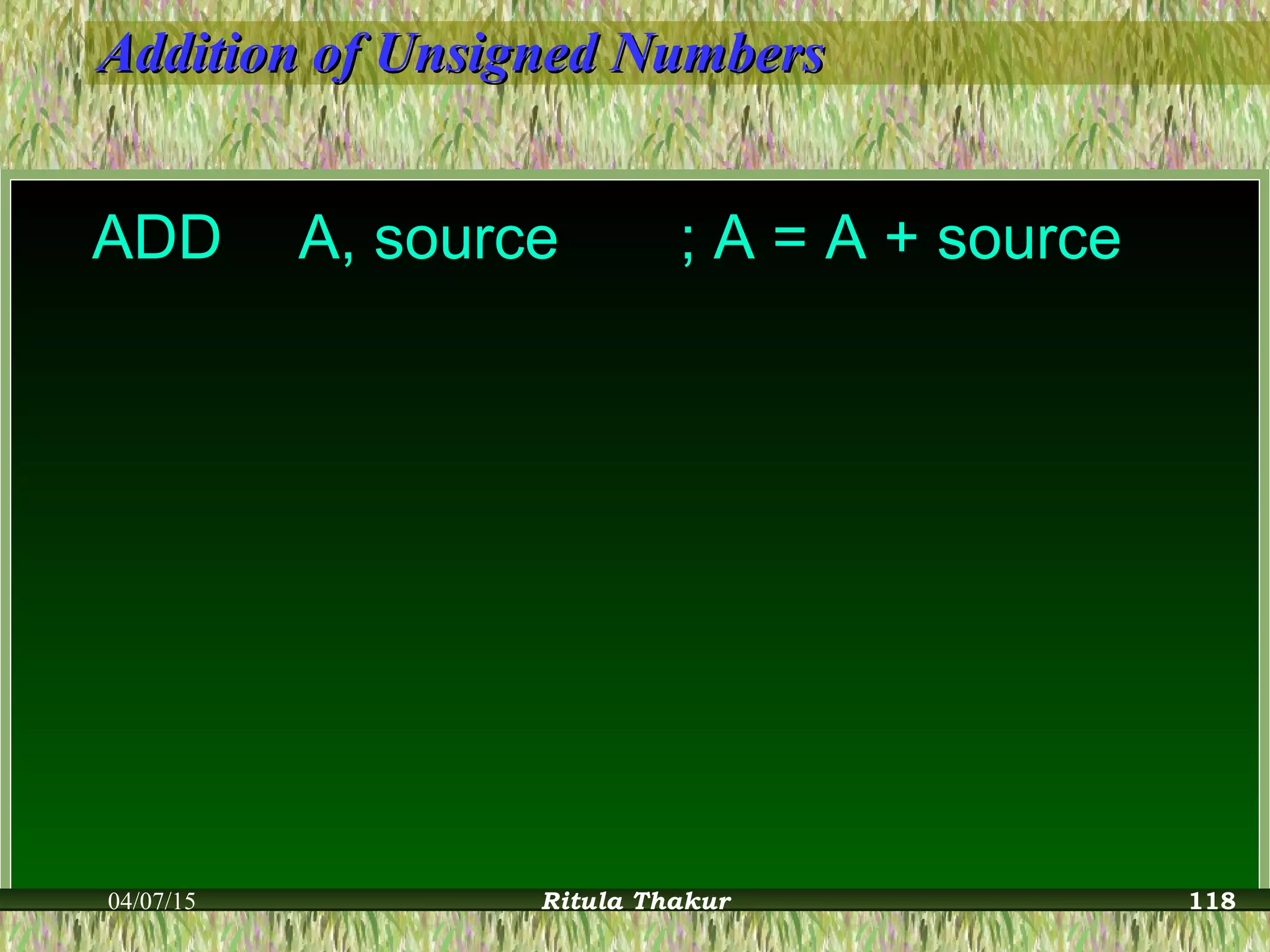 Addition of Unsigned NumbersAddition of Unsigned Numbers
ADD A, source ; A = A + source
04/07/15 Ritula Thakur 118
 